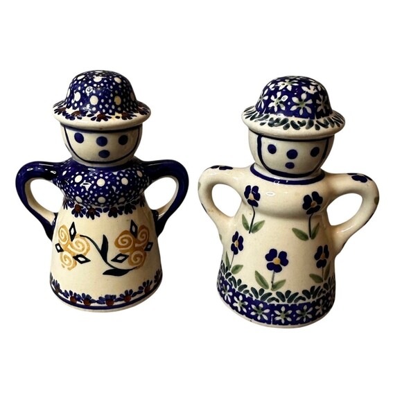 Boleslawiec Poland VTG Salt and Pepper Shakers Folk Art Hand Crafted Stoneware - Picture 1 of 11
